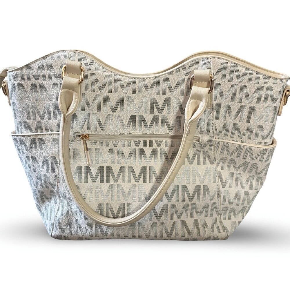 Mia K Collection Cream Monogram Satchel Handbag Crossbody Strap Gold Hardware